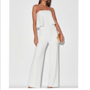NWT 🐝 Lulus White Strapless Wide-Leg Jumpsuit